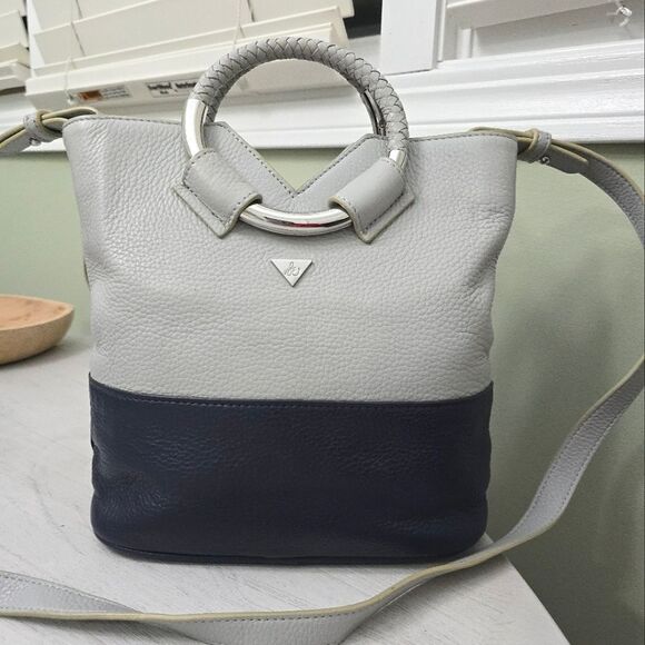 Sam Edelman Colorblock Leather Crossbody Bag Gray Navy - Picture 1 of 8